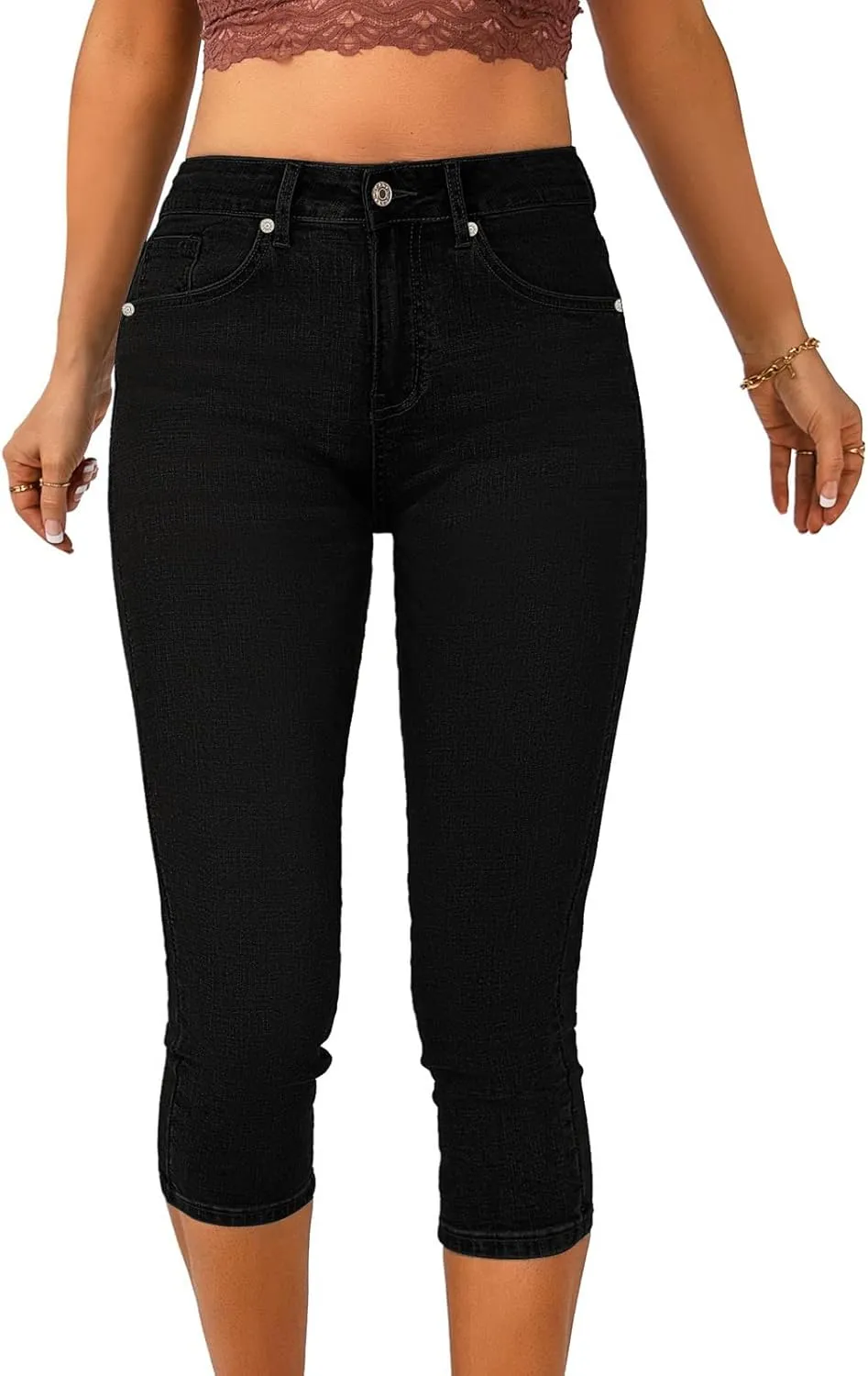 Vetinee Women's High Waisted Casual Ripped Skinny Slim Fit Stretch Denim Capri Jeans