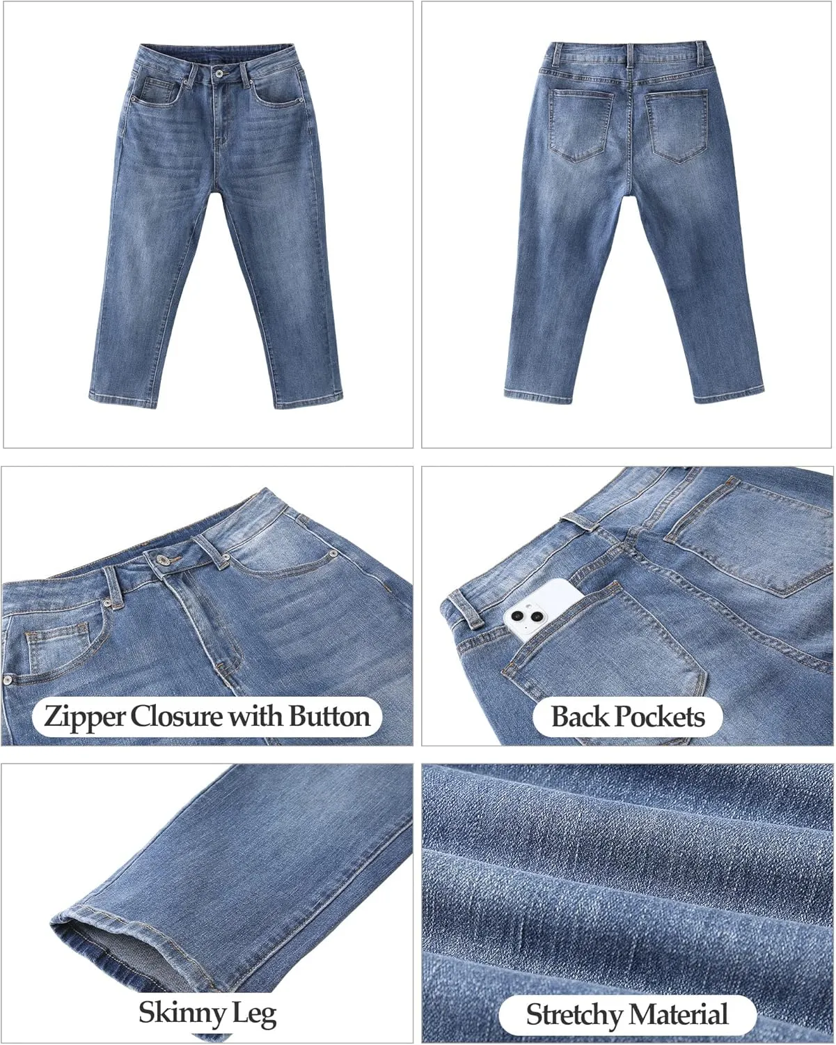 Vetinee Women's High Waisted Casual Ripped Skinny Slim Fit Stretch Denim Capri Jeans