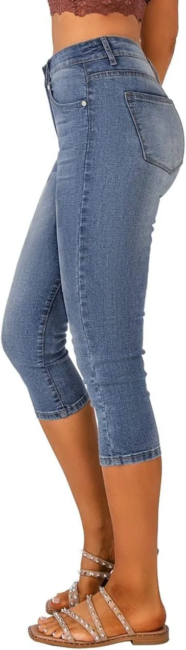 Vetinee Women's High Waisted Casual Ripped Skinny Slim Fit Stretch Denim Capri Jeans