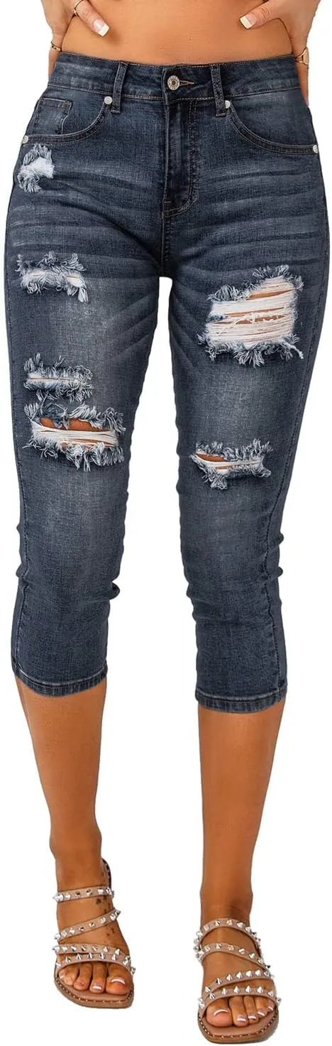 Vetinee Women's High Waisted Casual Ripped Skinny Slim Fit Stretch Denim Capri Jeans