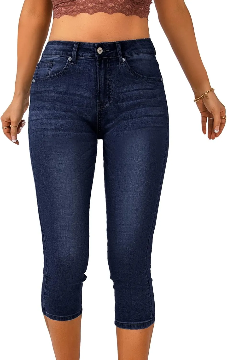 Vetinee Women's High Waisted Casual Ripped Skinny Slim Fit Stretch Denim Capri Jeans