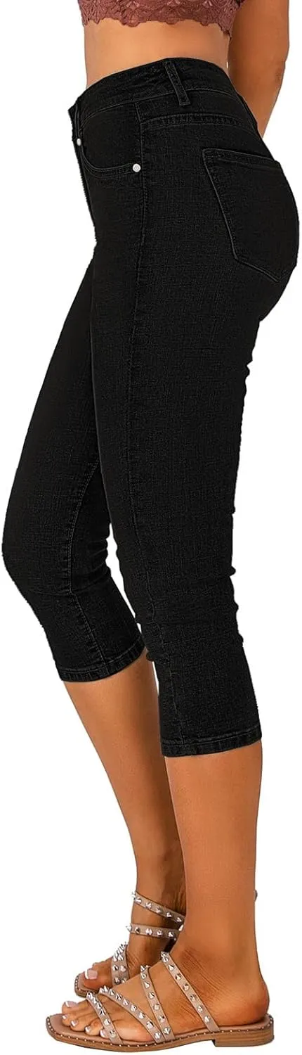 Vetinee Women's High Waisted Casual Ripped Skinny Slim Fit Stretch Denim Capri Jeans
