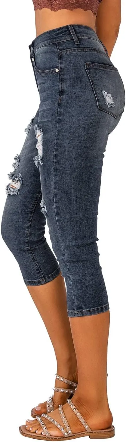 Vetinee Women's High Waisted Casual Ripped Skinny Slim Fit Stretch Denim Capri Jeans