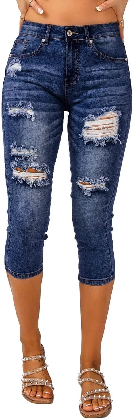 Vetinee Women's High Waisted Casual Ripped Skinny Slim Fit Stretch Denim Capri Jeans
