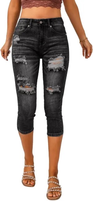 Vetinee Women's High Waisted Casual Ripped Skinny Slim Fit Stretch Denim Capri Jeans