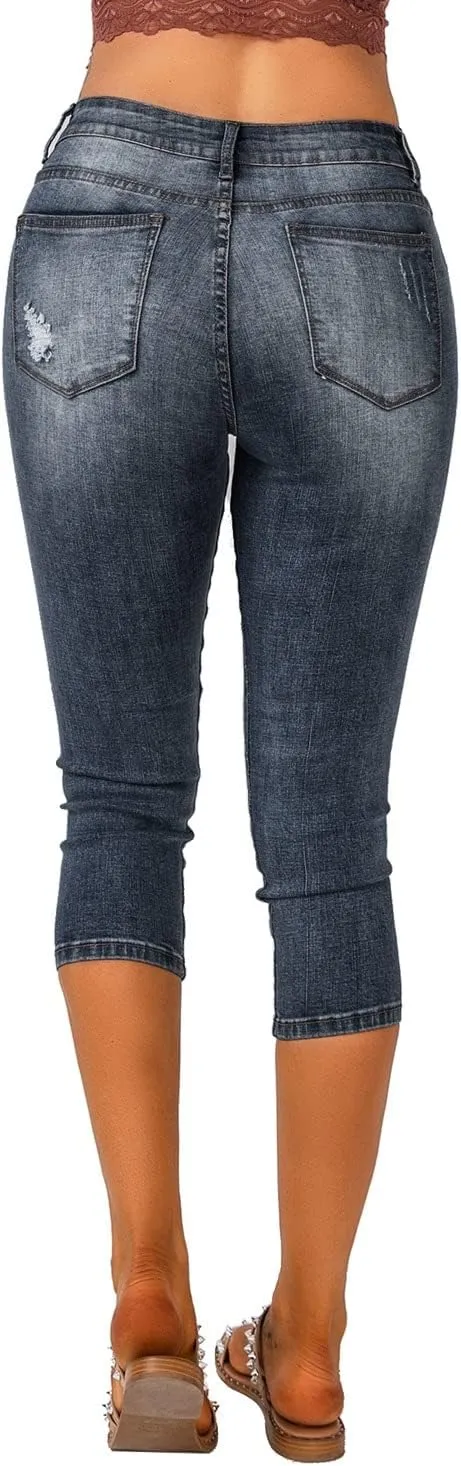Vetinee Women's High Waisted Casual Ripped Skinny Slim Fit Stretch Denim Capri Jeans