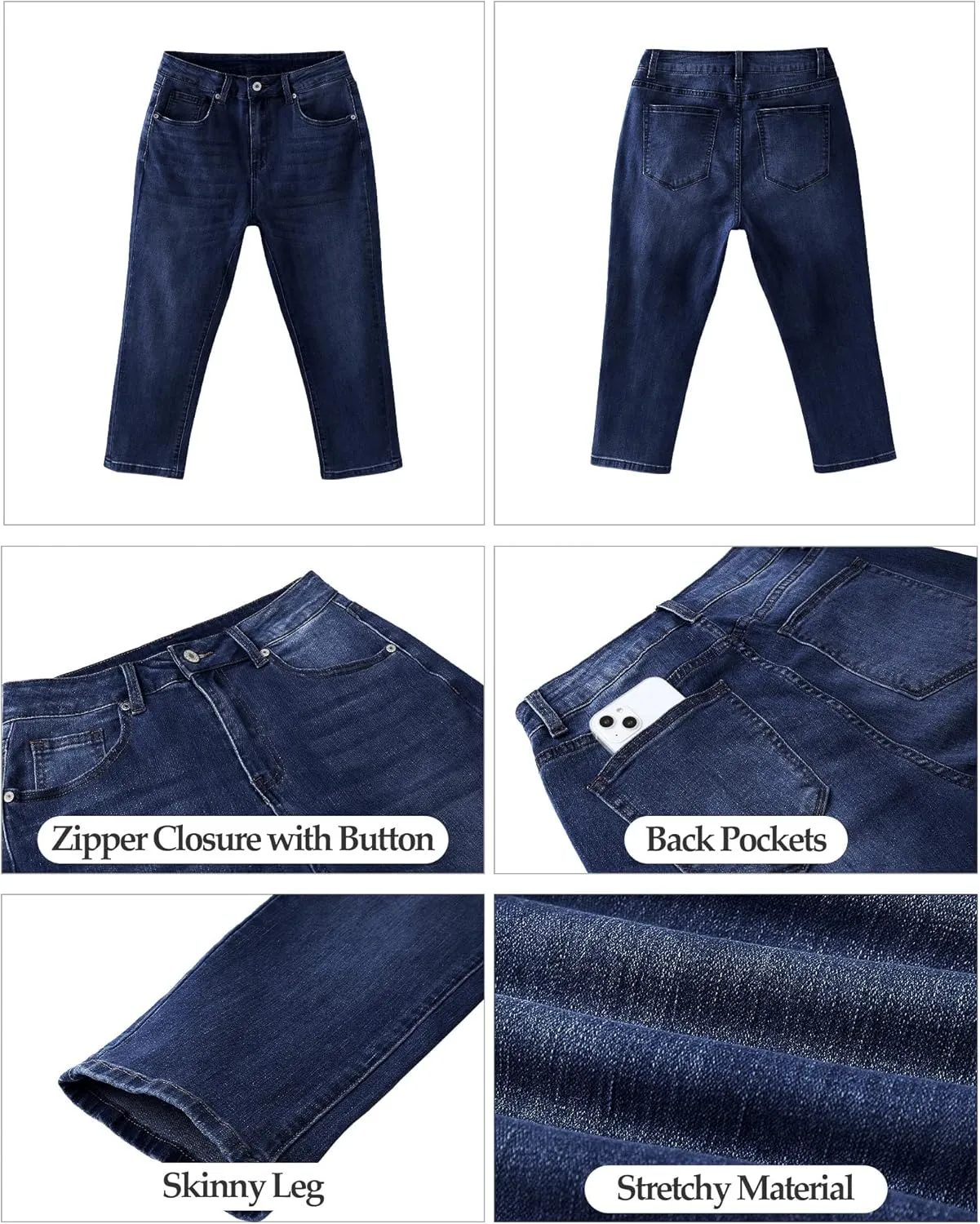 Vetinee Women's High Waisted Casual Ripped Skinny Slim Fit Stretch Denim Capri Jeans