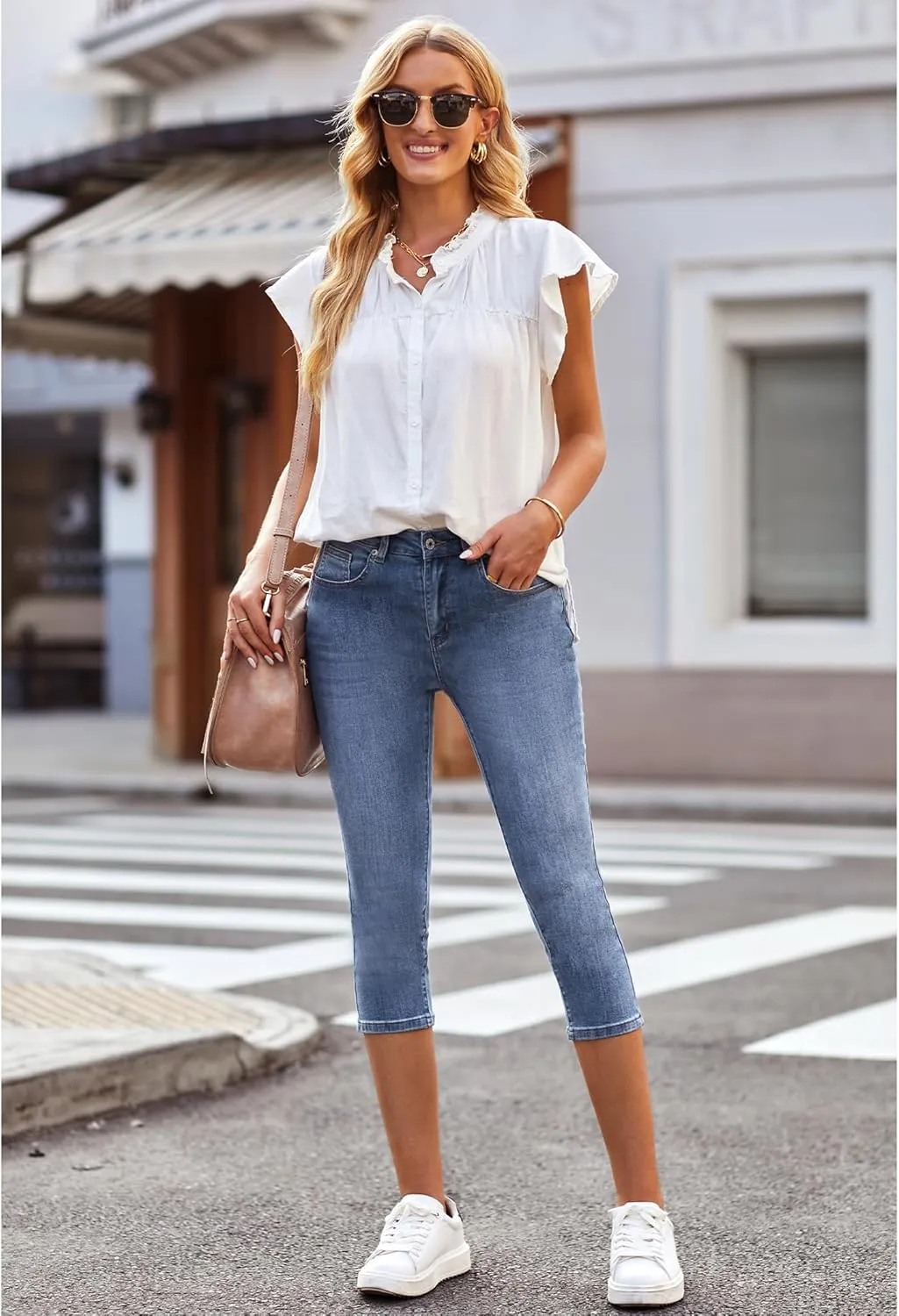 Vetinee Women's High Waisted Casual Ripped Skinny Slim Fit Stretch Denim Capri Jeans