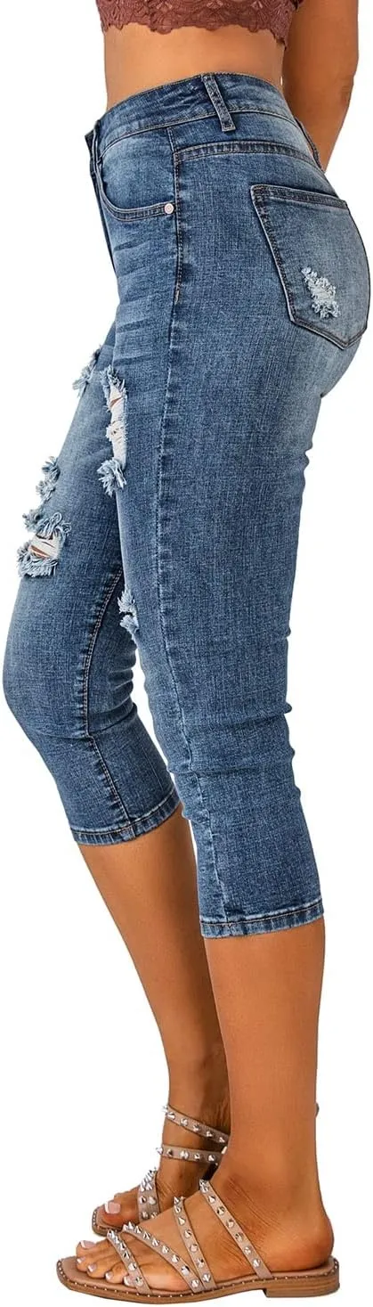 Vetinee Women's High Waisted Casual Ripped Skinny Slim Fit Stretch Denim Capri Jeans