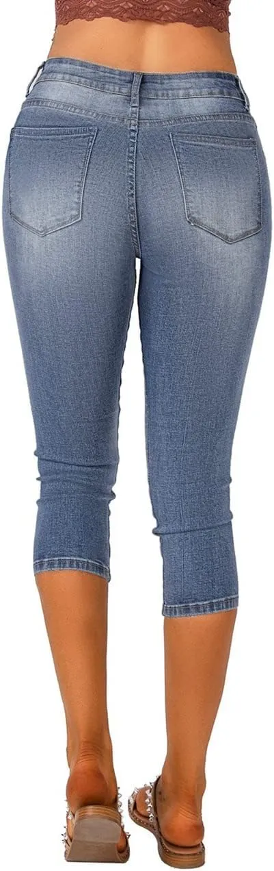 Vetinee Women's High Waisted Casual Ripped Skinny Slim Fit Stretch Denim Capri Jeans