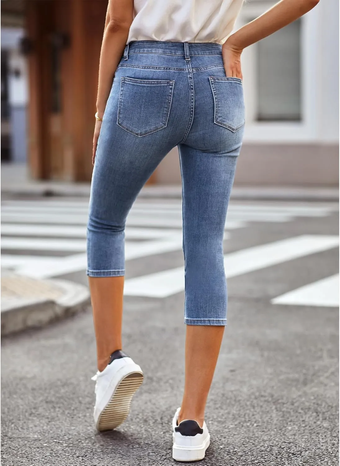 Vetinee Women's High Waisted Casual Ripped Skinny Slim Fit Stretch Denim Capri Jeans