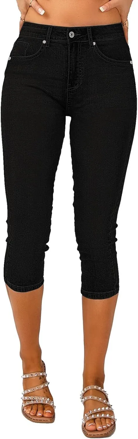 Vetinee Women's High Waisted Casual Ripped Skinny Slim Fit Stretch Denim Capri Jeans