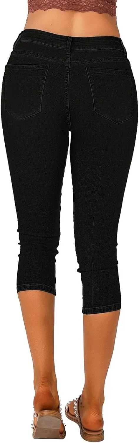 Vetinee Women's High Waisted Casual Ripped Skinny Slim Fit Stretch Denim Capri Jeans