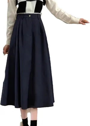 Vintage Brown Pleated Skirt Women Spring Winter Long Skirt Korean High Waist Fleece Midi A-Line Skirt Female