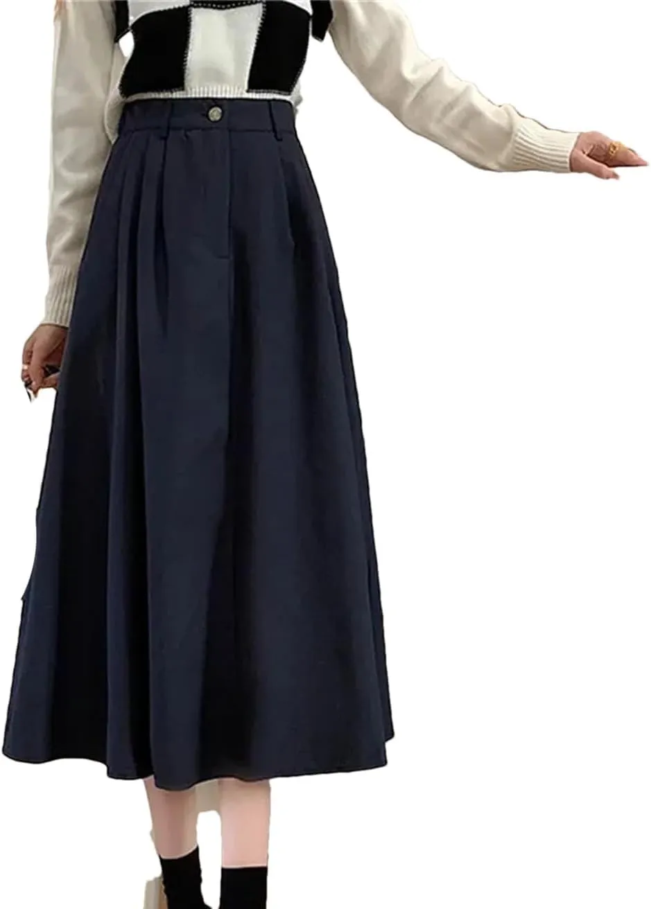 Vintage Brown Pleated Skirt Women Spring Winter Long Skirt Korean High Waist Fleece Midi A-Line Skirt Female