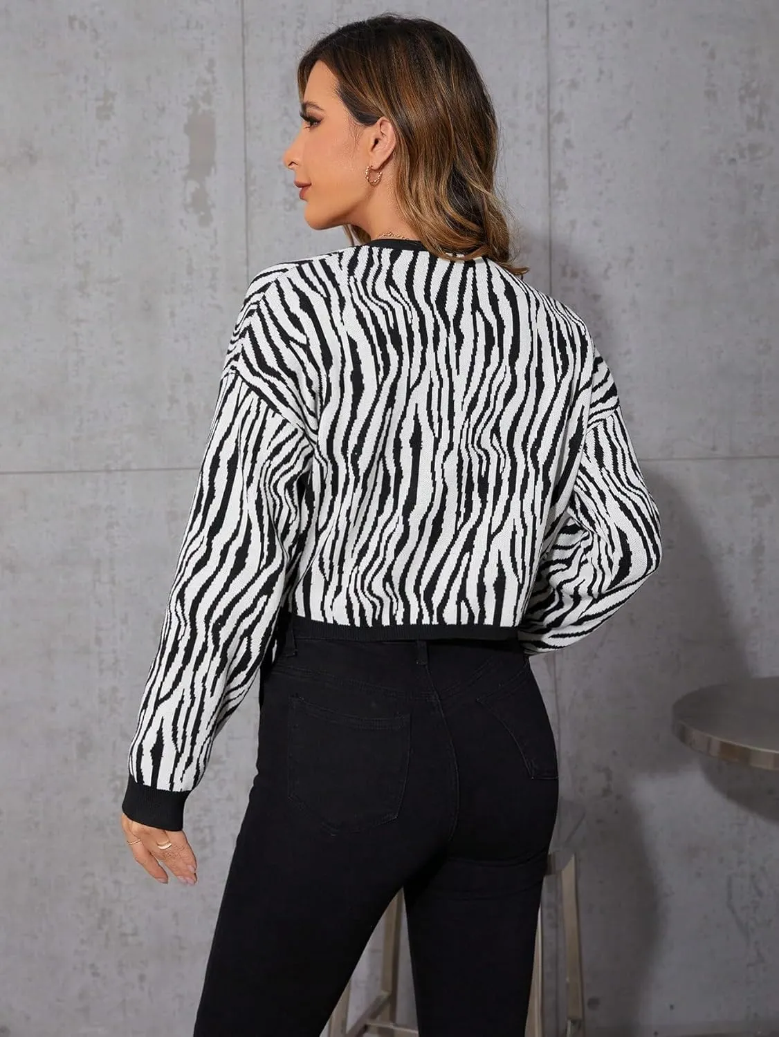 WDIRARA Women's Zebra Print Tie Side Drop Shoulder Long Sleeve Casual Cardigan Sweaters