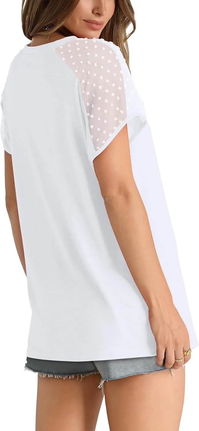 WIHOLL Summer Tops for Women V Neck T-Shirts Swiss Dot Short Sleeve Shirts Casual Fashion Blouses