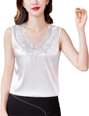 Women Diamond Embroidery Vest Shirt Spring Summer Silk Satin Tank Tops Sleeveless Camisole
