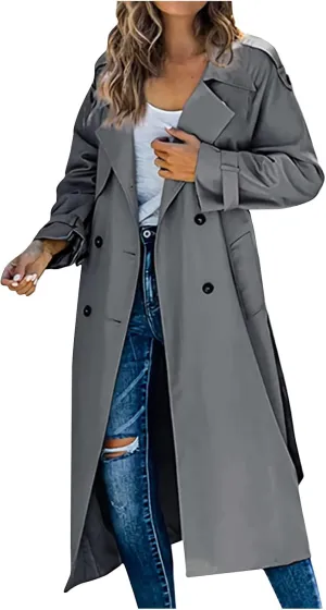 Women Notch Lapel Collar Trench Coats Open Front Cardigan Double Breasted Jacket Casual Long Peacoat 2022 Trendy Clothes