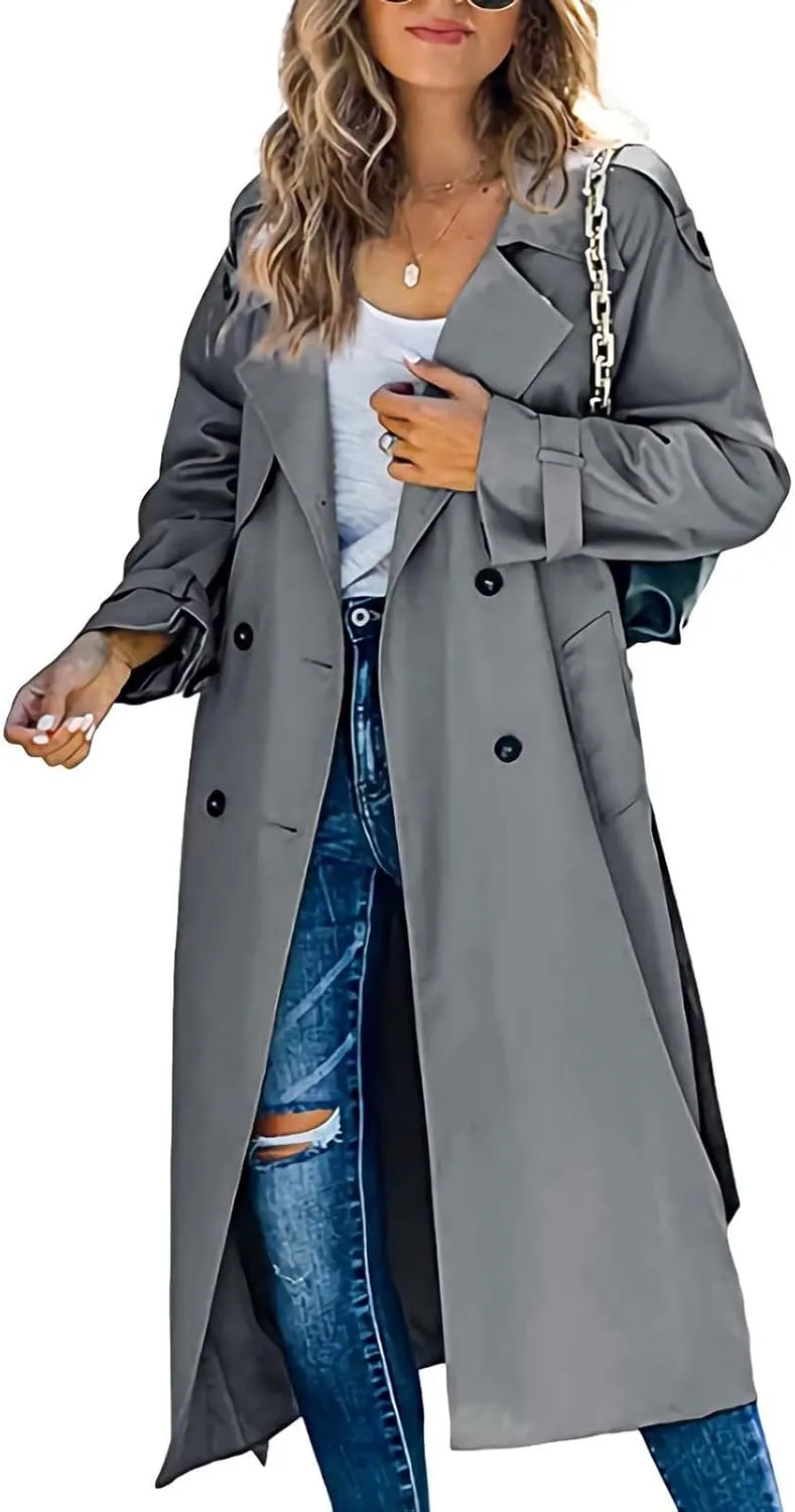 Women Notch Lapel Collar Trench Coats Open Front Cardigan Double Breasted Jacket Casual Long Peacoat 2022 Trendy Clothes