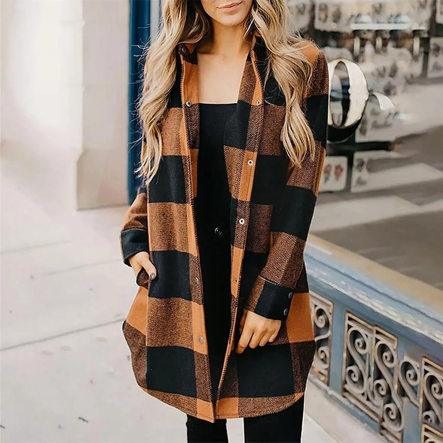 Women Plaid Trench Coats Long Sleeve Flannel Shirts Jackets Button Down Shackets Casual Trendy Fall Winter Outfits