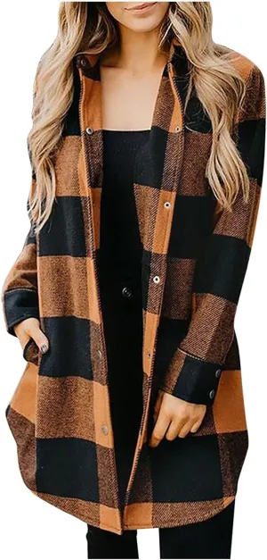 Women Plaid Trench Coats Long Sleeve Flannel Shirts Jackets Button Down Shackets Casual Trendy Fall Winter Outfits