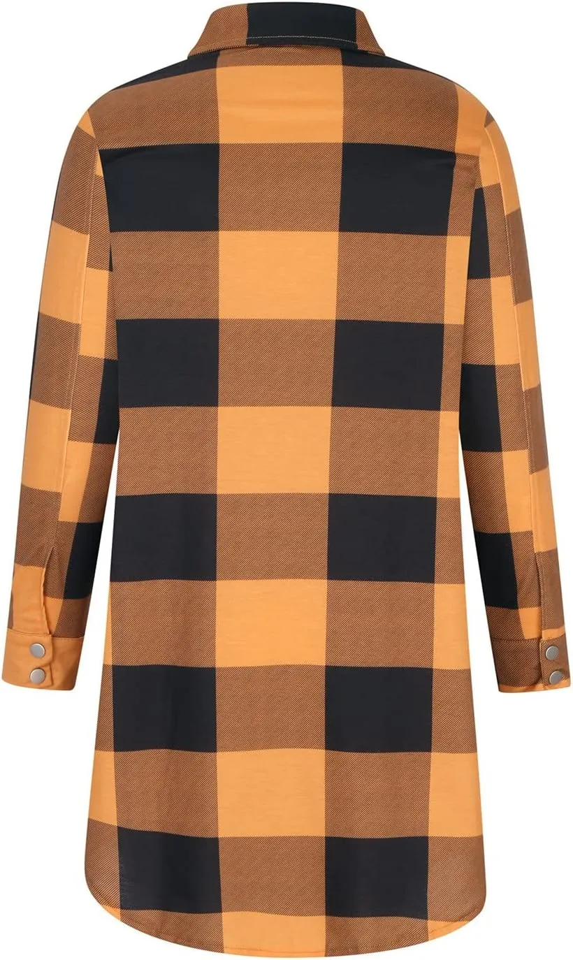 Women Plaid Trench Coats Long Sleeve Flannel Shirts Jackets Button Down Shackets Casual Trendy Fall Winter Outfits