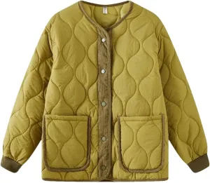 Women Quilted Jacket Parkas Cotton Padded Coat Spliced Collision Loose Overcoat V-Neck Winter Coat Outerwears