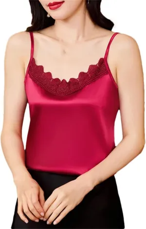 Women Sexy Silk Satin Tank Tops Korean Fashion Camisole Spring Summer V-Neck Patchwork Vest Shirt