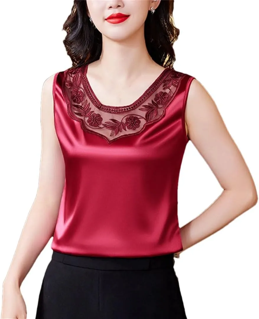 Women Spring Summer Lace Vest Round Neck Patchwork Embroidered Satin Shirt Fashion Camisole Tank Top
