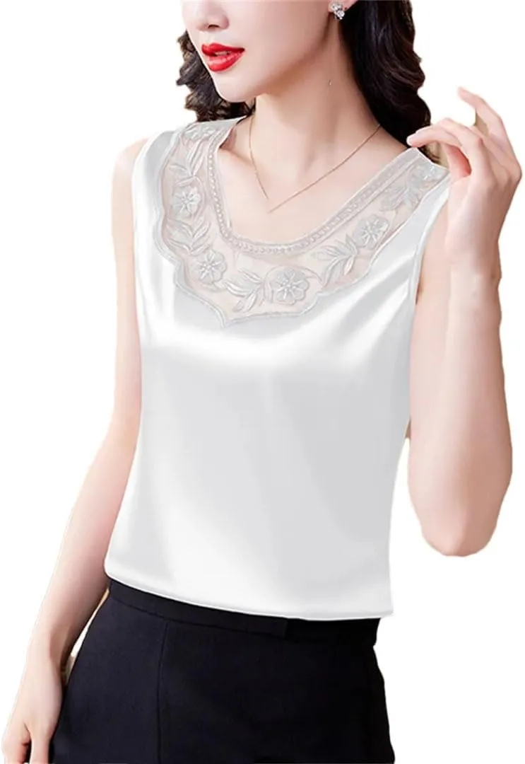 Women Spring Summer Lace Vest Round Neck Patchwork Embroidered Satin Shirt Fashion Camisole Tank Top