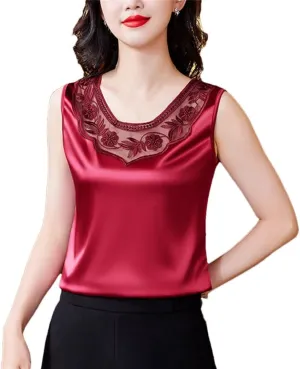 Women Spring Summer Lace Vest Round Neck Patchwork Embroidered Satin Shirt Fashion Camisole Tank Top