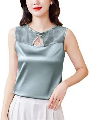 Women Summer Tank Top Sleeveless Silk Satin Shirt Casual Round Neck Hollow Out Patchwork Camisole Vest