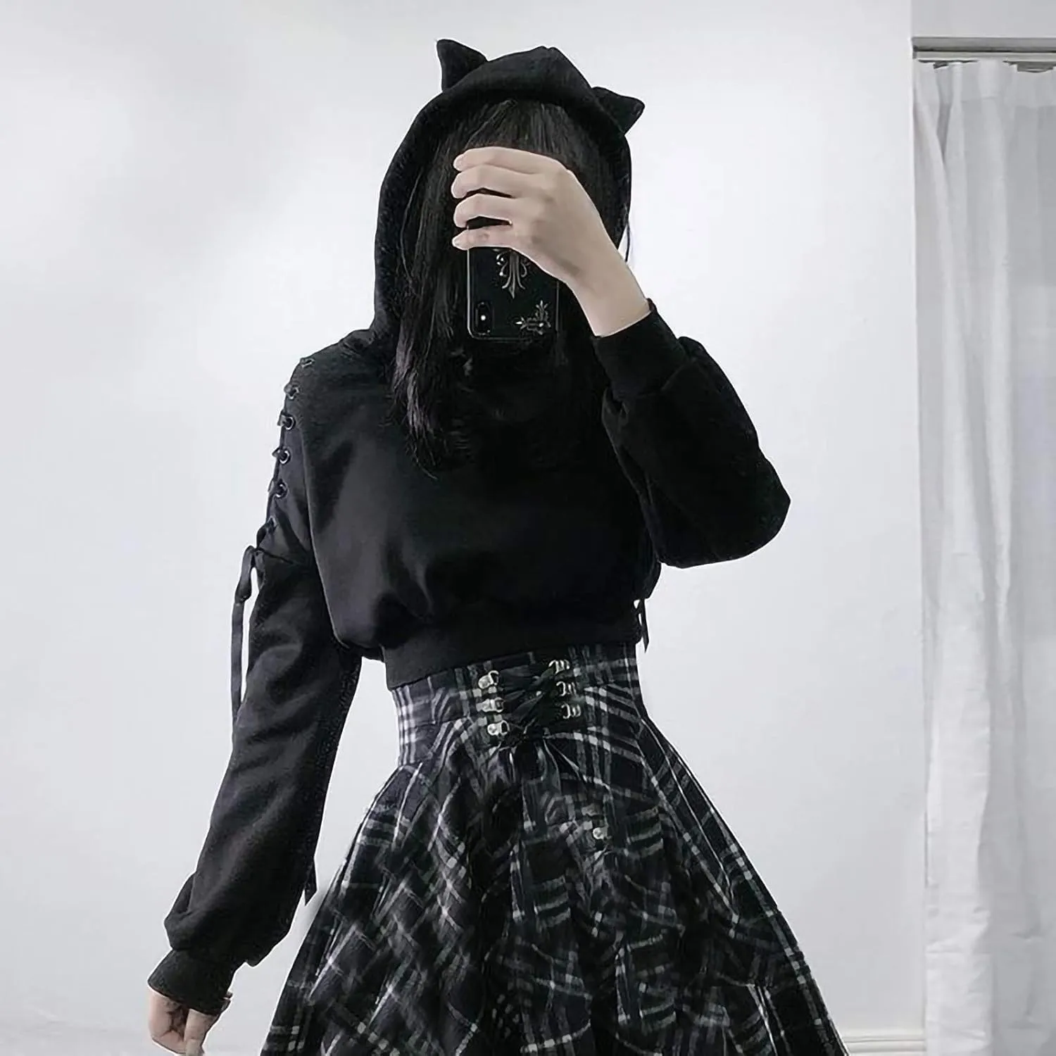 Women Y2k Hoodies, Womens Long Sleeve Cute Cat Ear Pullover Hoodie Crop Top Gothic Cold Shoulder Lace Up Sweatshirt
