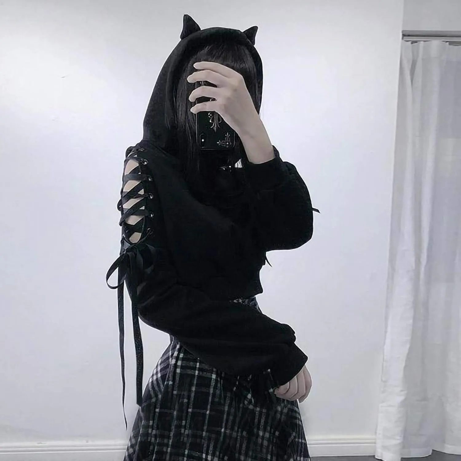 Women Y2k Hoodies, Womens Long Sleeve Cute Cat Ear Pullover Hoodie Crop Top Gothic Cold Shoulder Lace Up Sweatshirt
