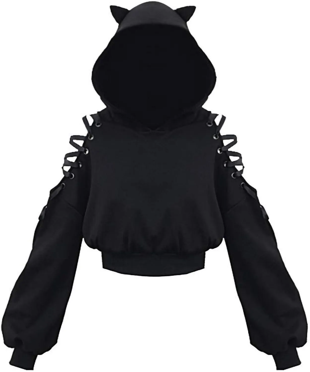 Women Y2k Hoodies, Womens Long Sleeve Cute Cat Ear Pullover Hoodie Crop Top Gothic Cold Shoulder Lace Up Sweatshirt