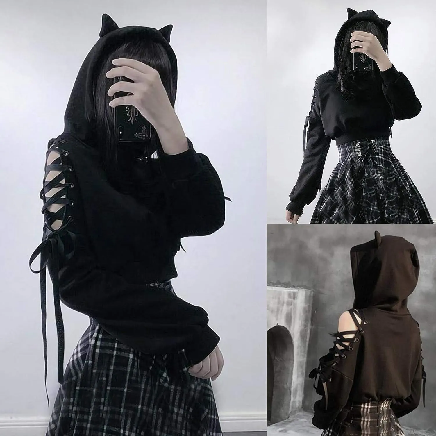 Women Y2k Hoodies, Womens Long Sleeve Cute Cat Ear Pullover Hoodie Crop Top Gothic Cold Shoulder Lace Up Sweatshirt