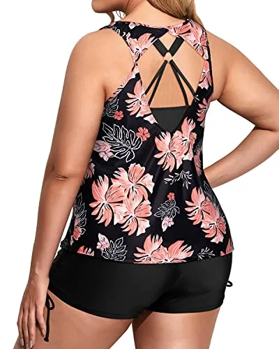 Womens 3 Piece Plus Size Tankini Swimsuits Tummy Control Bathing Suits-Black Orange Floral