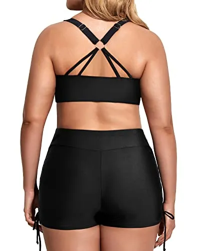 Womens 3 Piece Plus Size Tankini Swimsuits Tummy Control Bathing Suits-Black Orange Floral