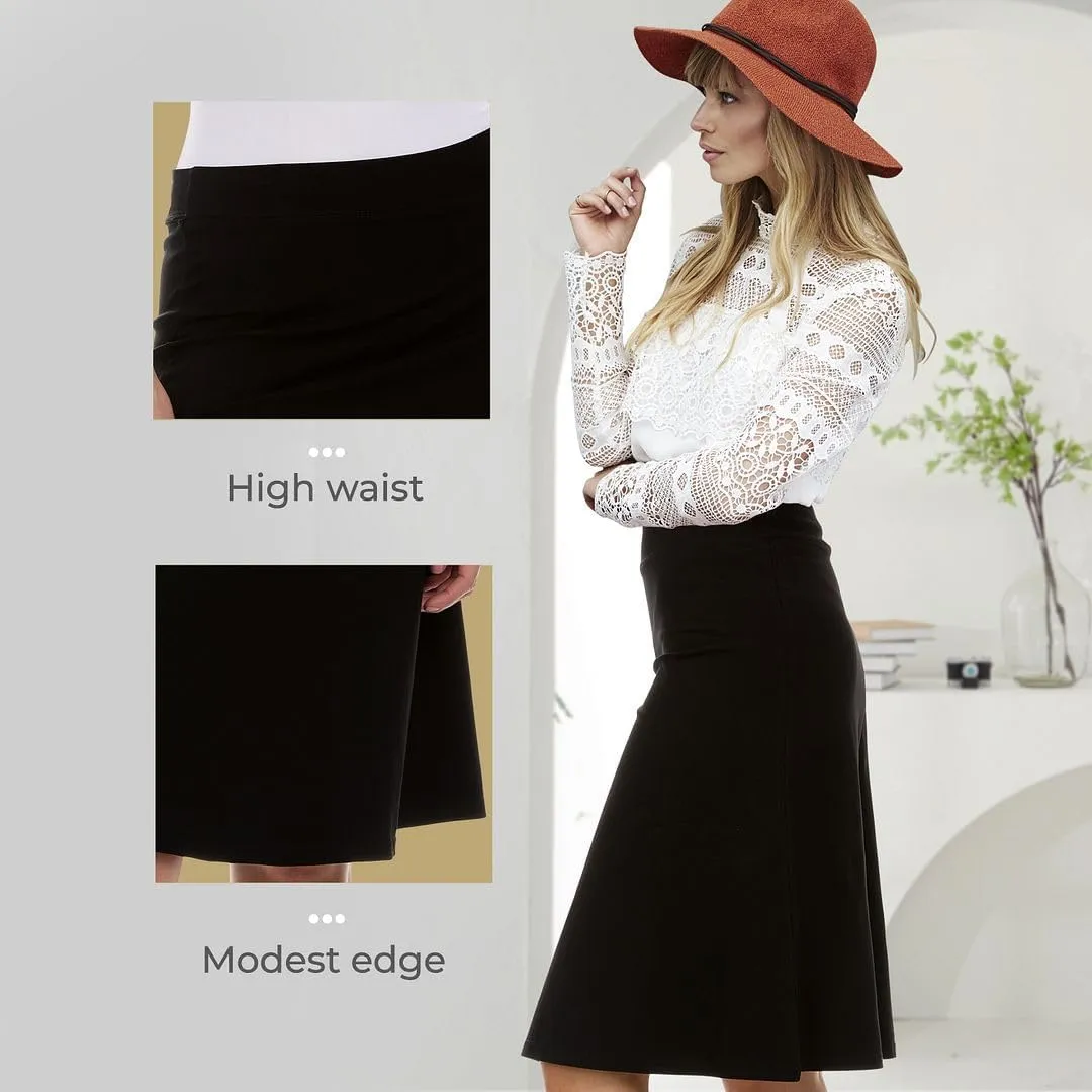 Women's Basic Cotton Fit-and-Flare Skirt Comfy High-Waisted, Knee-Length & Longer Styles Elastic Fit for Work & Office