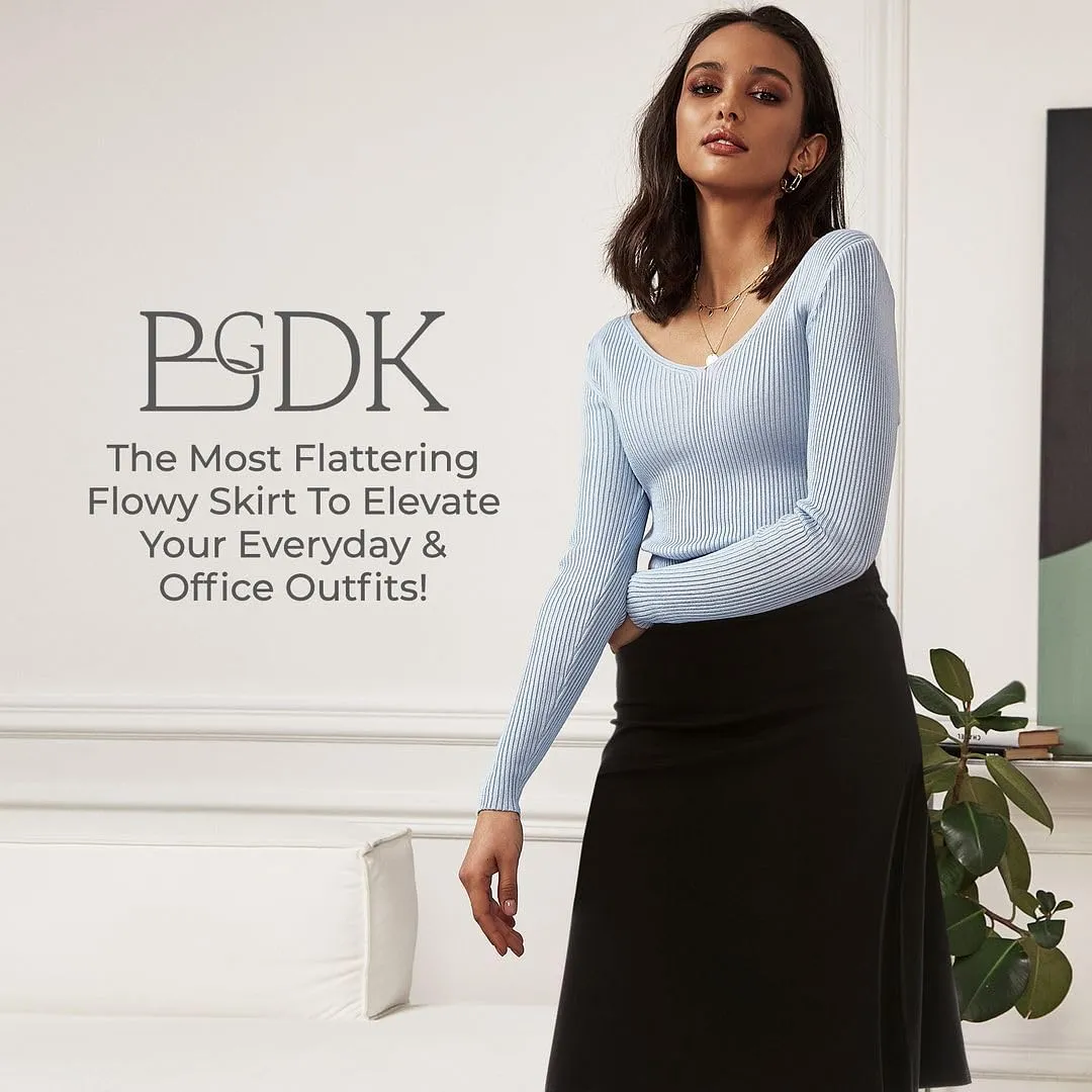 Women's Basic Cotton Fit-and-Flare Skirt Comfy High-Waisted, Knee-Length & Longer Styles Elastic Fit for Work & Office