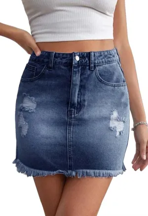 Womens Bodycon Denim Mini Skirt High Waist Casual Washed Frayed Stretchy Jean Skirts with Pocket for Women