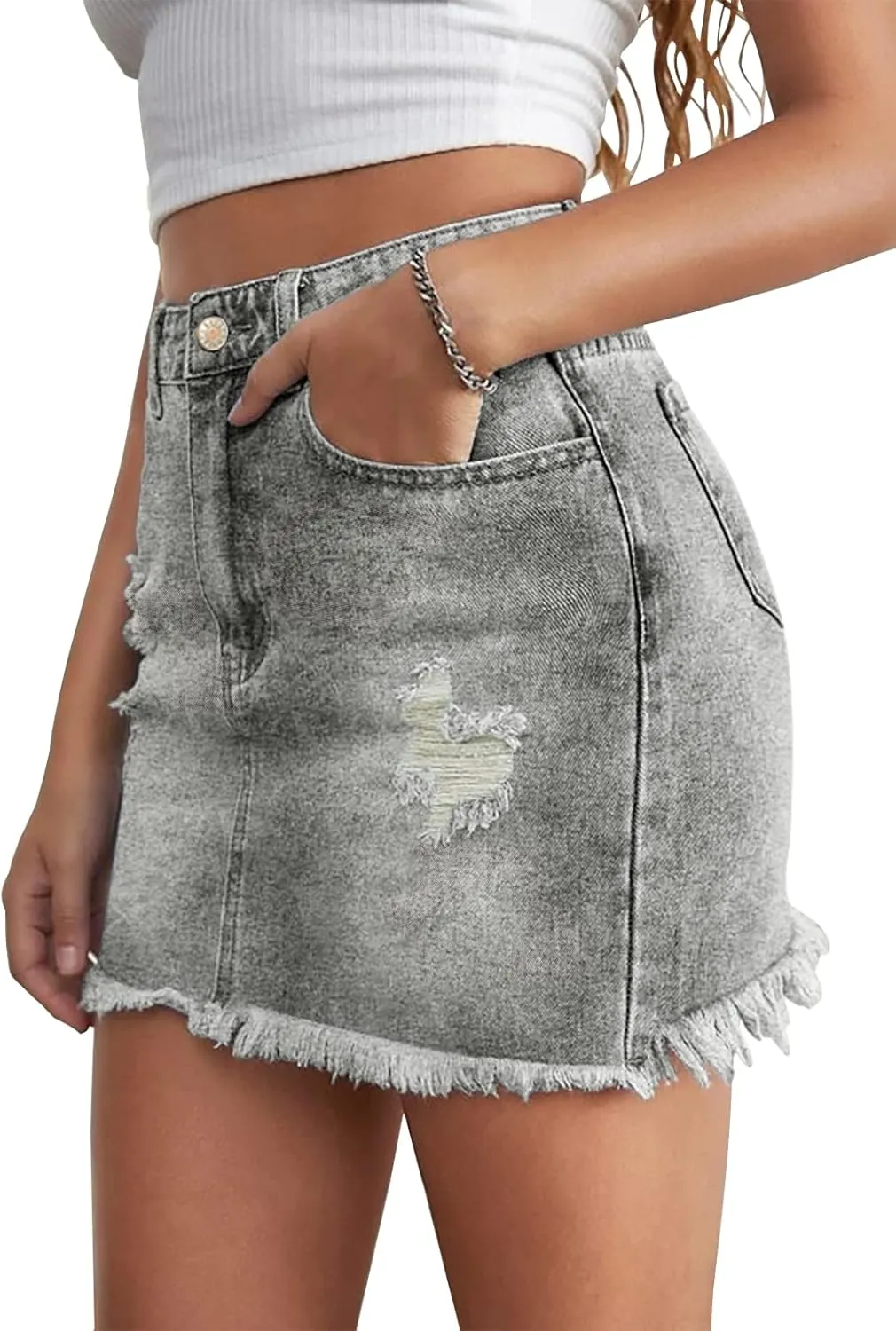 Womens Bodycon Denim Mini Skirt High Waist Casual Washed Frayed Stretchy Jean Skirts with Pocket for Women