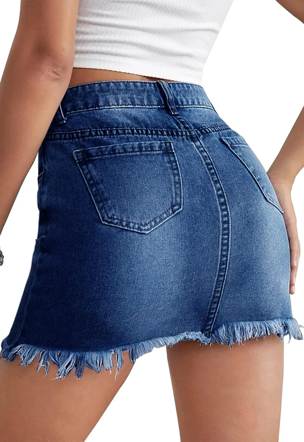 Womens Bodycon Denim Mini Skirt High Waist Casual Washed Frayed Stretchy Jean Skirts with Pocket for Women