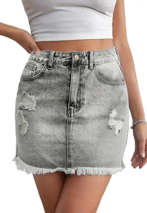 Womens Bodycon Denim Mini Skirt High Waist Casual Washed Frayed Stretchy Jean Skirts with Pocket for Women