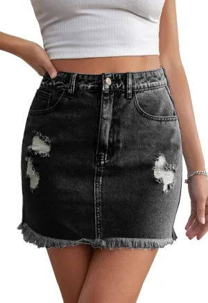 Womens Bodycon Denim Mini Skirt High Waist Casual Washed Frayed Stretchy Jean Skirts with Pocket for Women