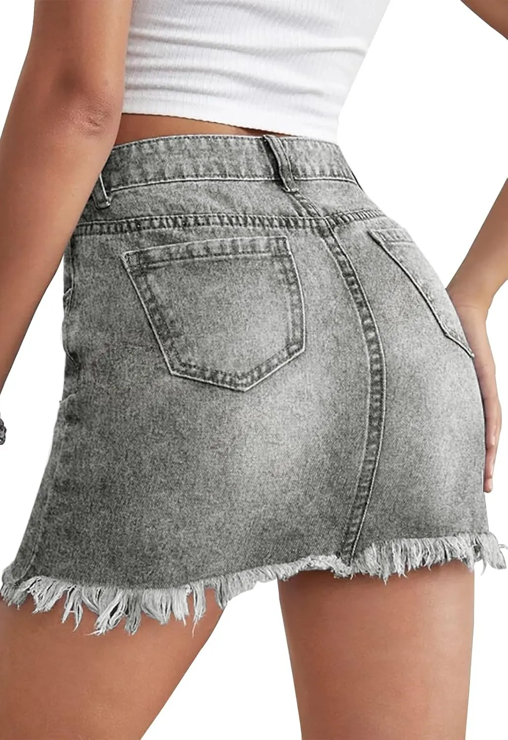 Womens Bodycon Denim Mini Skirt High Waist Casual Washed Frayed Stretchy Jean Skirts with Pocket for Women