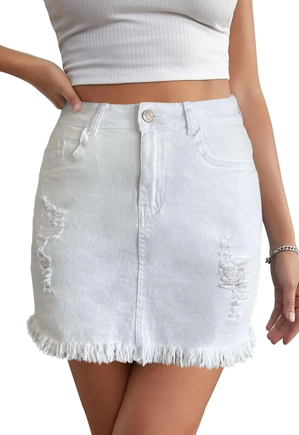 Womens Bodycon Denim Mini Skirt High Waist Casual Washed Frayed Stretchy Jean Skirts with Pocket for Women
