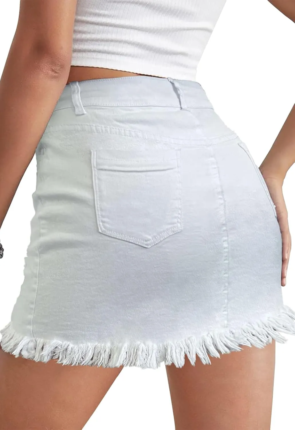 Womens Bodycon Denim Mini Skirt High Waist Casual Washed Frayed Stretchy Jean Skirts with Pocket for Women