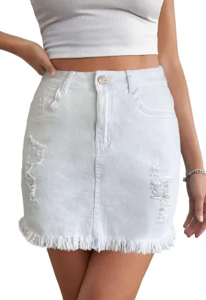 Womens Bodycon Denim Mini Skirt High Waist Casual Washed Frayed Stretchy Jean Skirts with Pocket for Women